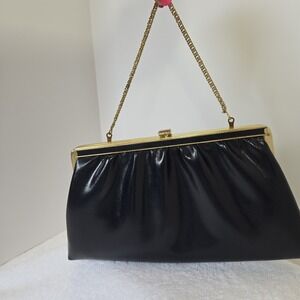 Vtg Harry Levine HL Cocktail Clutch Navy Gold Lame & Metallic Chain 50's Retro